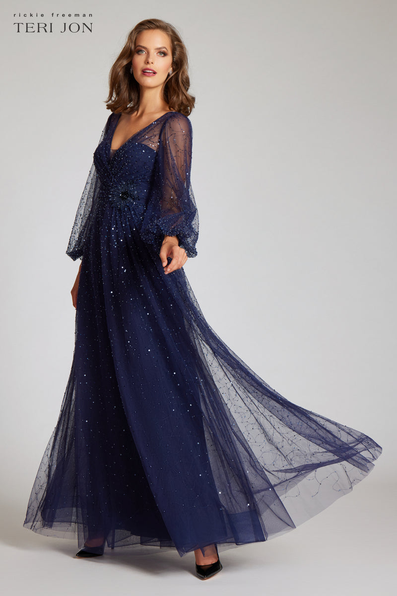 Beaded Tulle Neck Long Full Sleeve Gown – Terijon.com