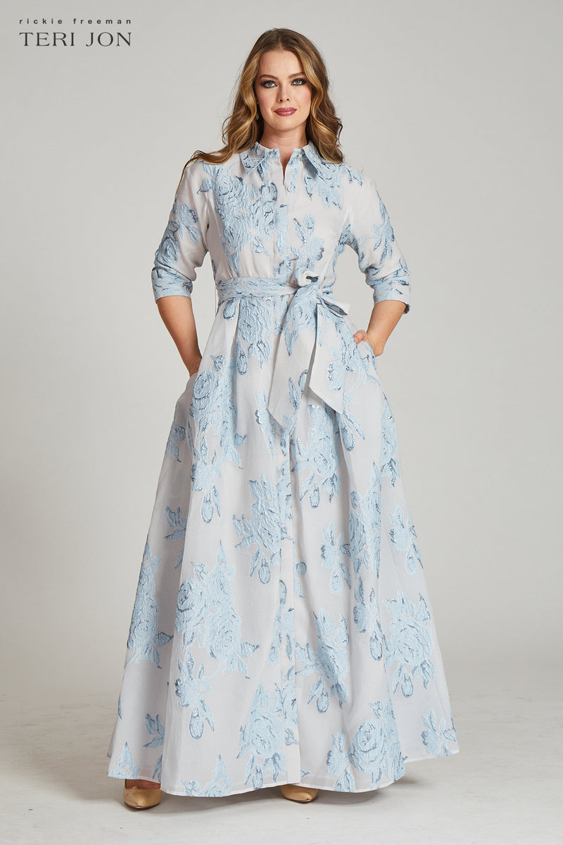 Metallic Jacquard Shirtdress Gown with Floral Print