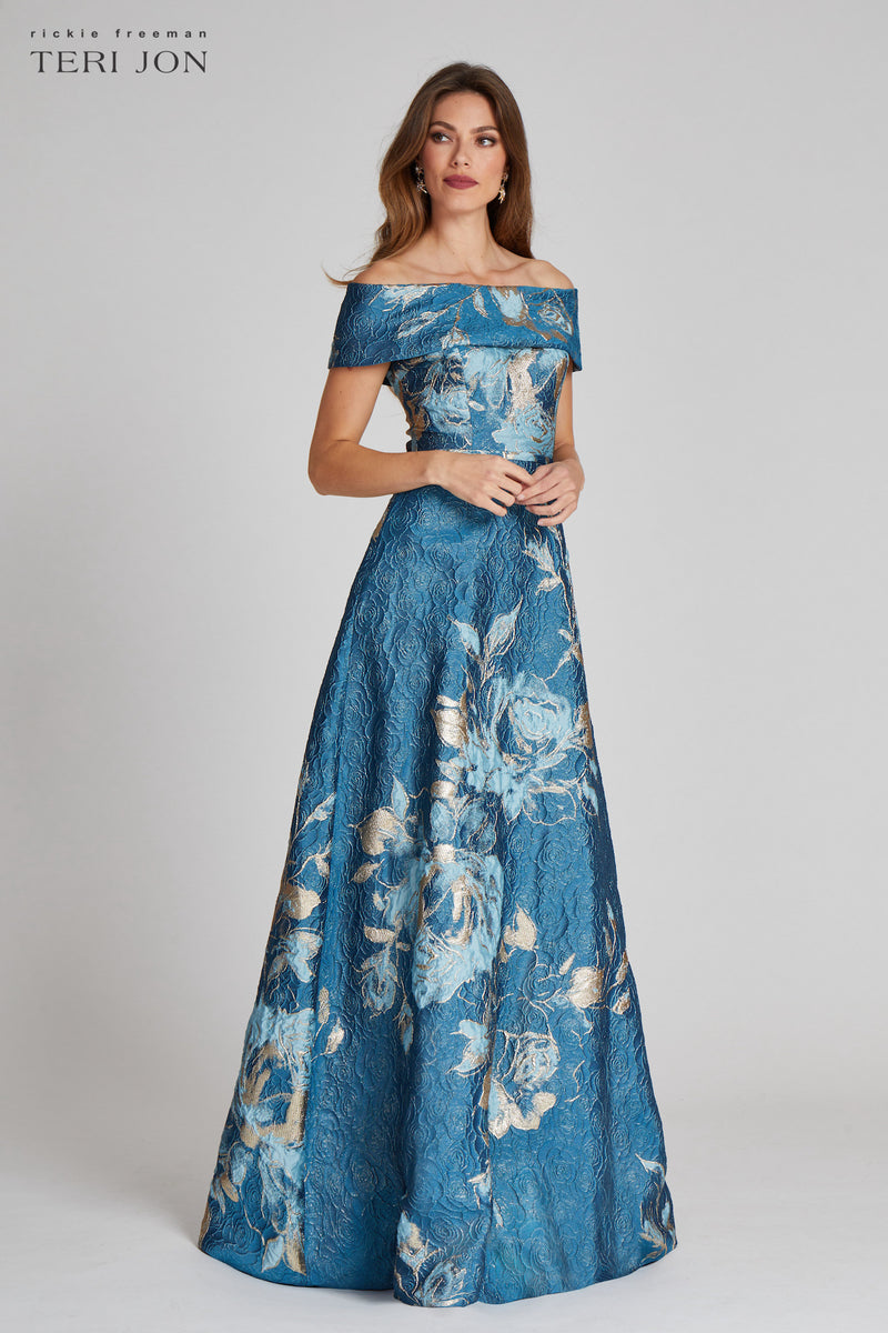 Anju Off-The-Shoulder Jacquard Pleated Gown