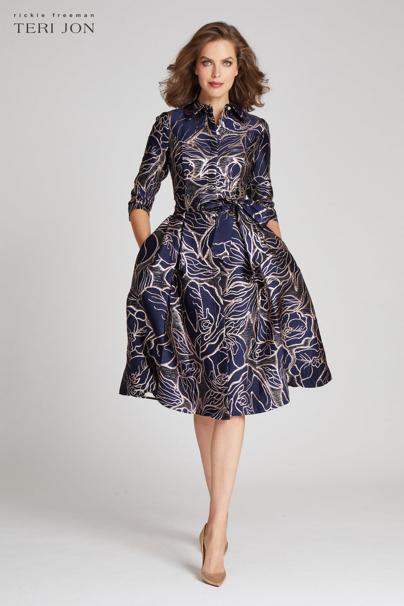 Pattern Metallic Jacquard Shirt Dress