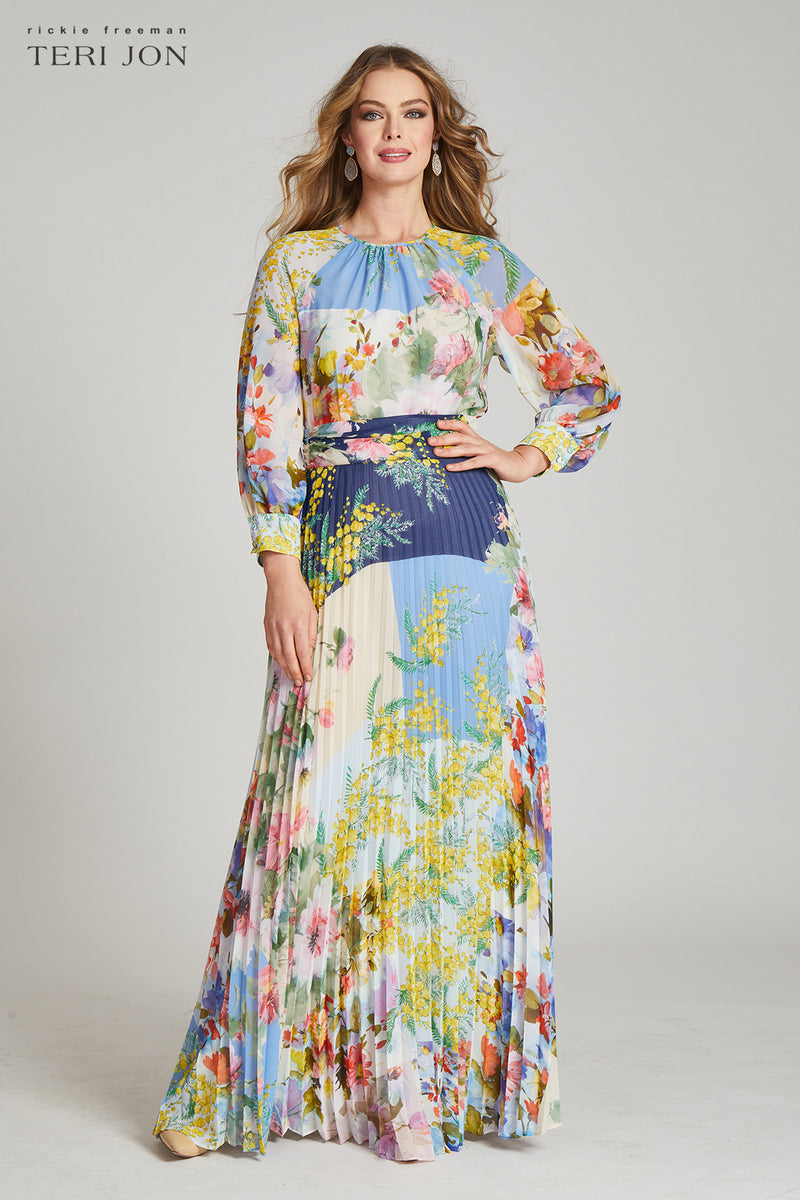 Patchwork Print Pleated Maxi Gown | Teri Jon – Terijon.com