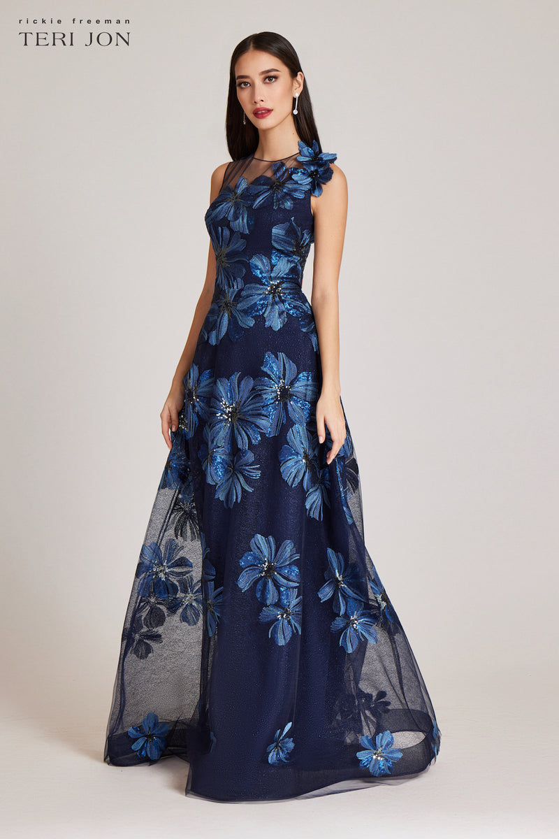 Floral Embroidered Tulle Gown With 3d Flower