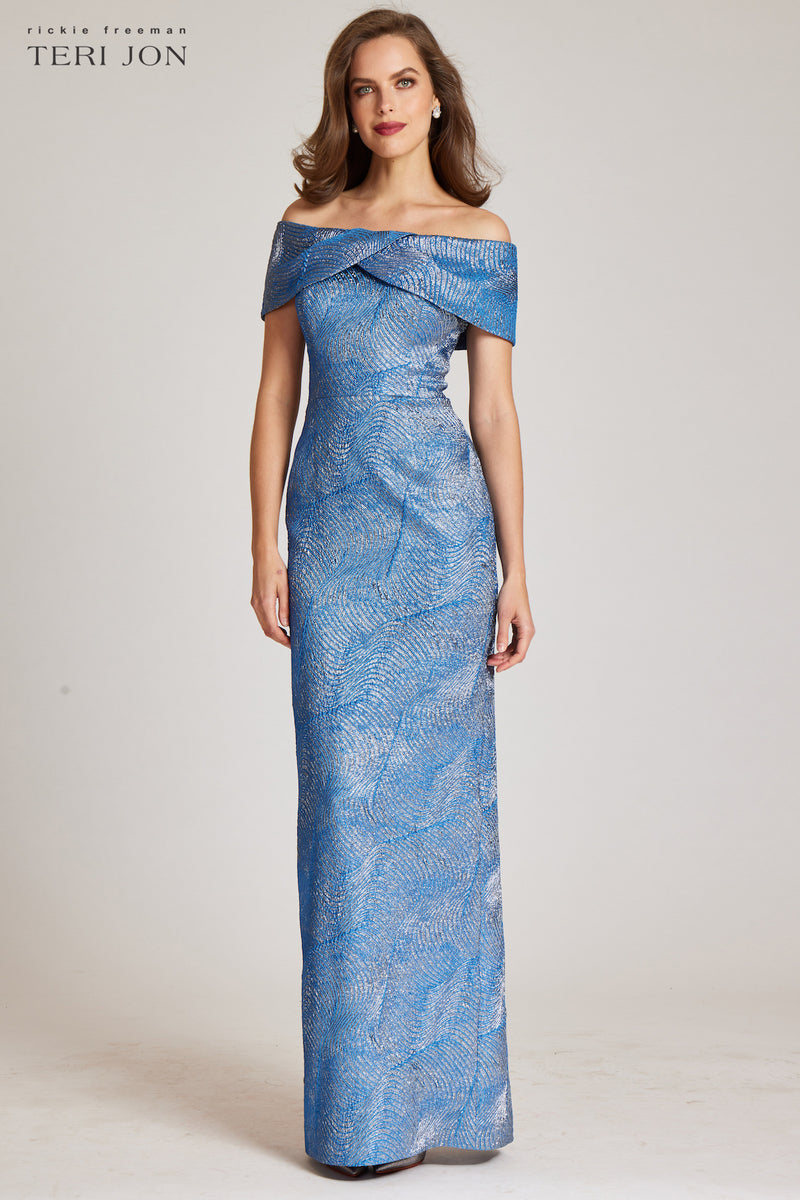 Rickie Freeman for Teri Jon Off-Shoulder Metallic Flower Jacquard Gown in  2023