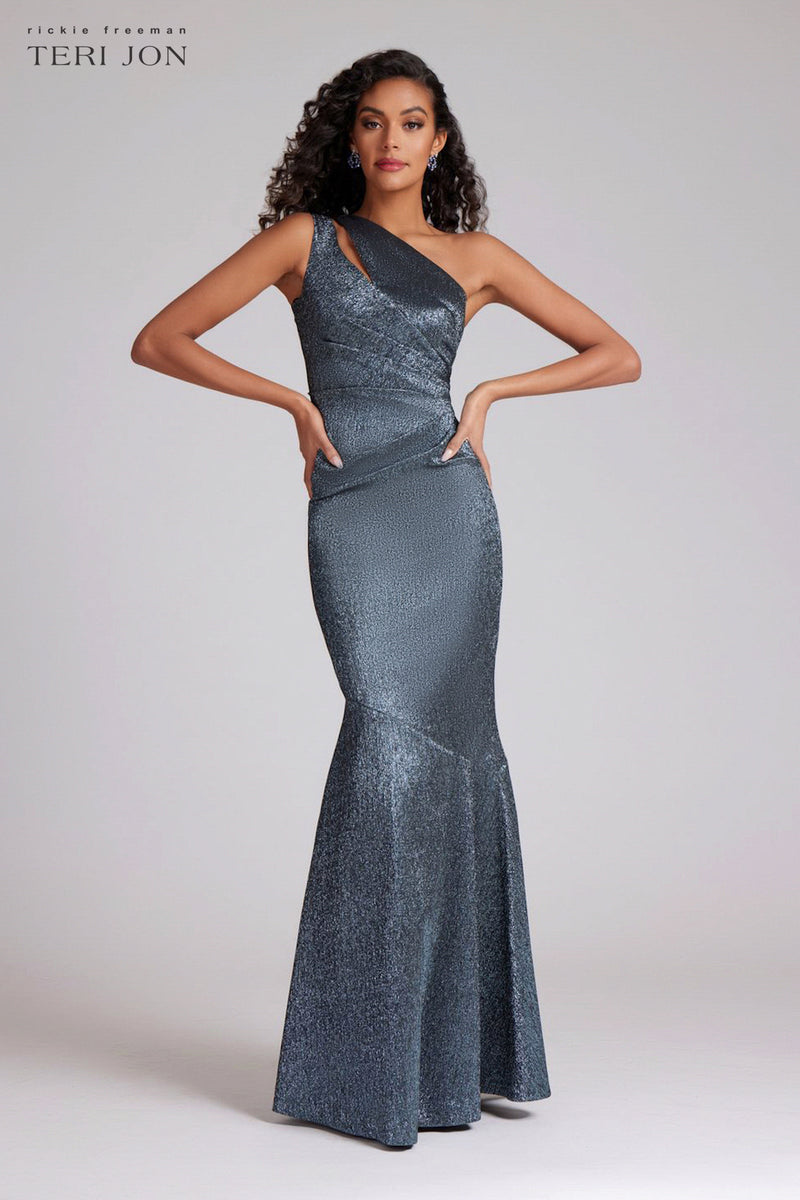 One-Shoulder Glitter Metallic Ruched Dress