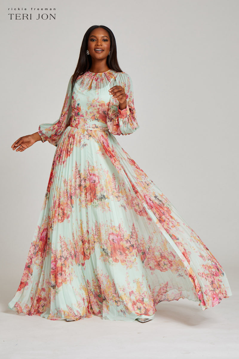 Floral Printed Pleated Sleeve And Skirt Maxi Gown – Terijon.com