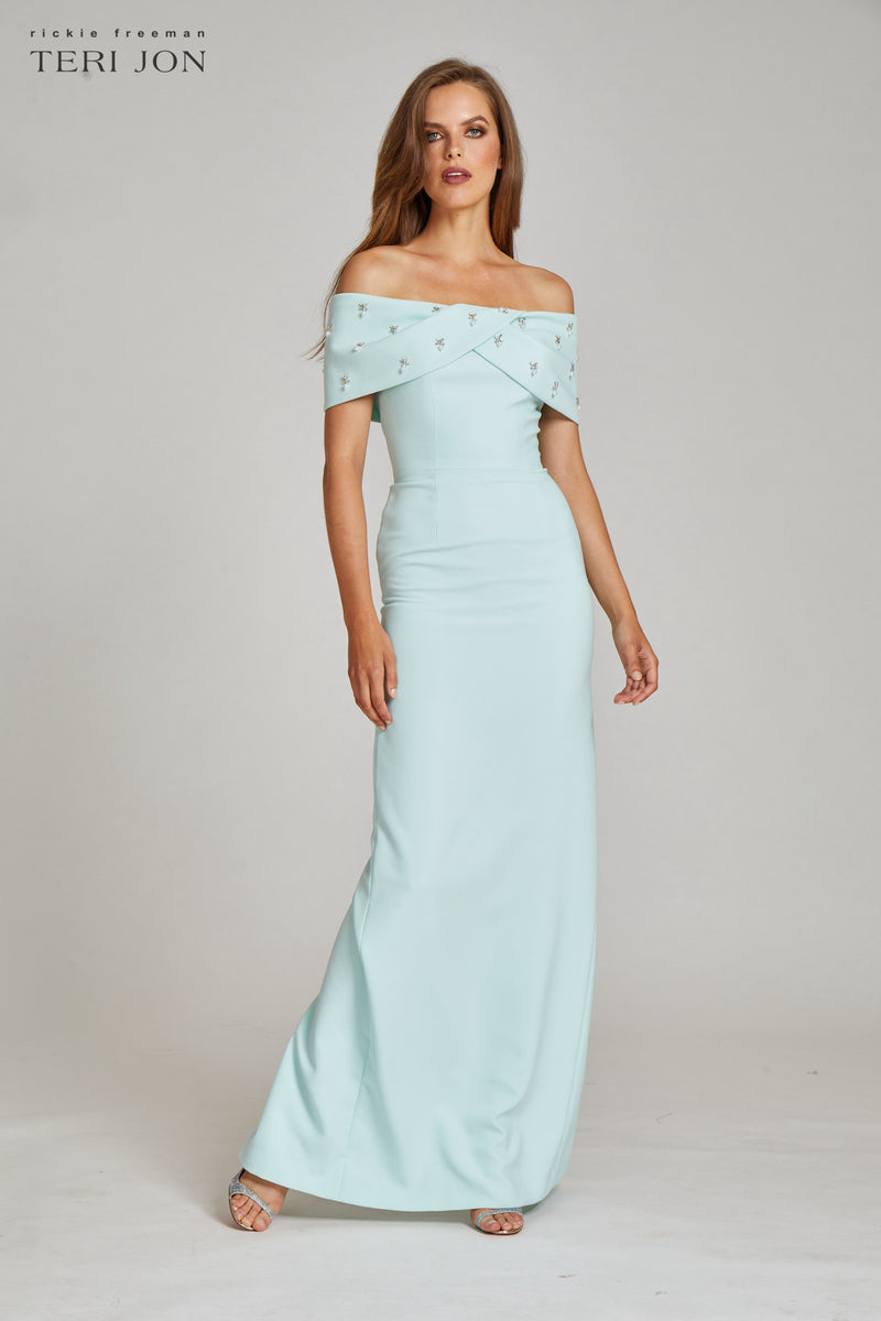 Crepe Off Shoulder Jewel Trim Portrait Column Gown