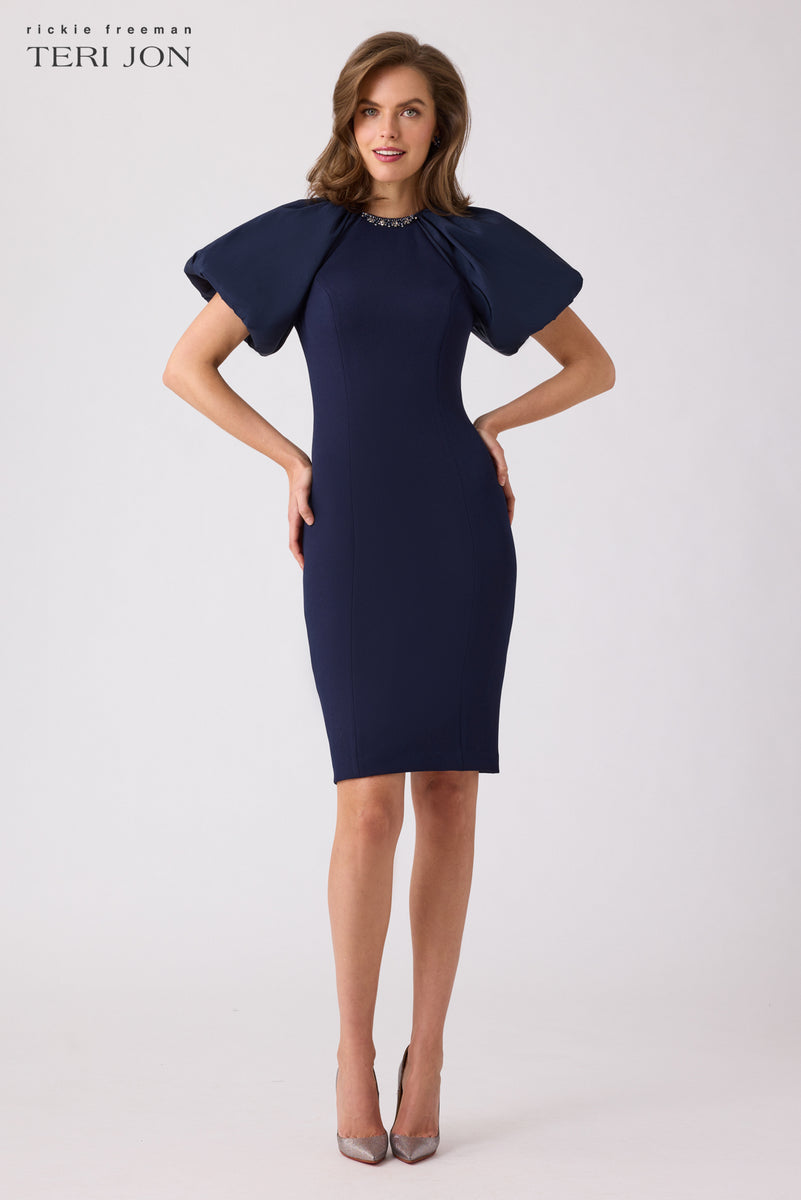 Taffeta Puff Sleeve Crepe Sheath Dress