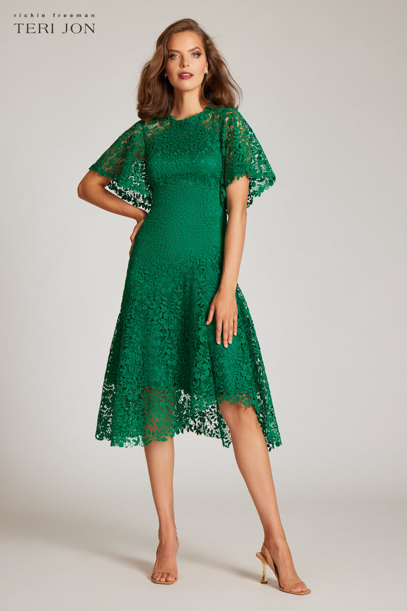 Lace Fit N Flare Flounce Sleeve High Low Dress – Terijon.com