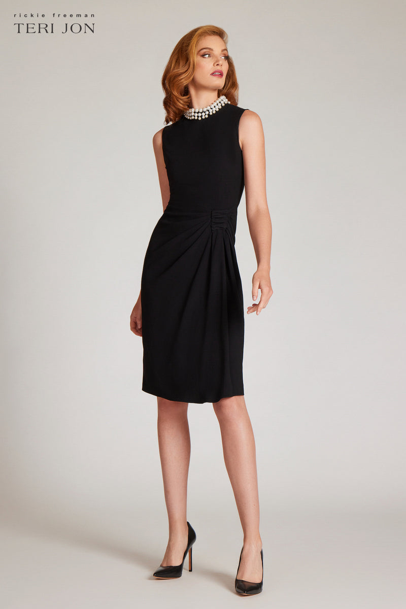 Stretch Crepe Pearl Trim Cocktail Dress –