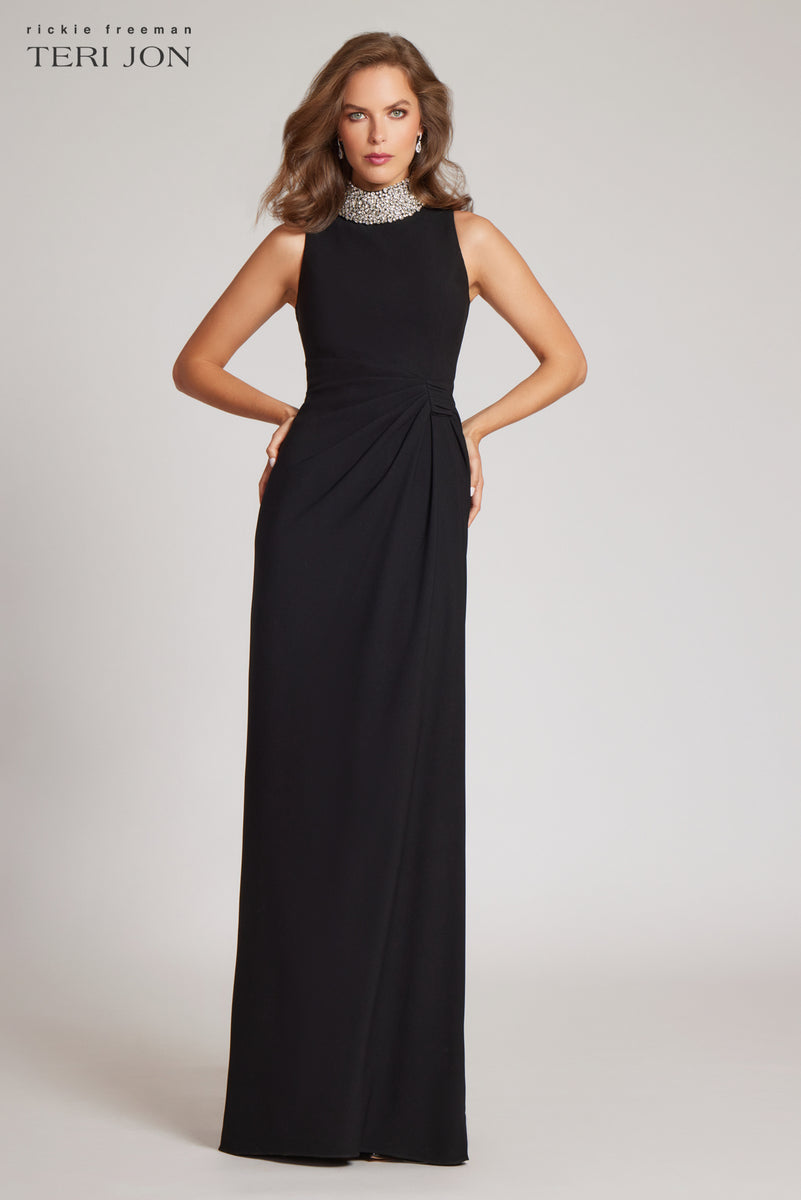 Black Sleeveless Rhinestone Sarong Evening Gown – Terijon.com