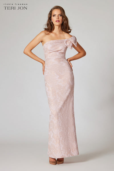 One Shoulder With Bow Trim Side Draped Gown –