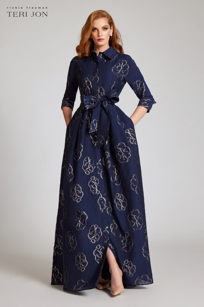 Metallic Flower Jacquard Shirt Waist Gown – Terijon.com