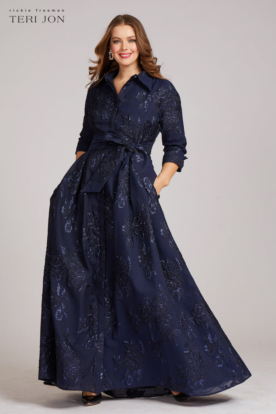 Metallic Jacquard Shirtdress Gown with Floral Print | Teri Jon ...