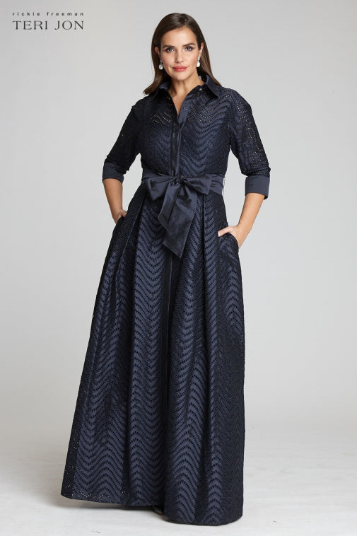 Shirt Waist Taffeta Chevron Pattern Eyelet Gown | Teri Jon – Terijon.com