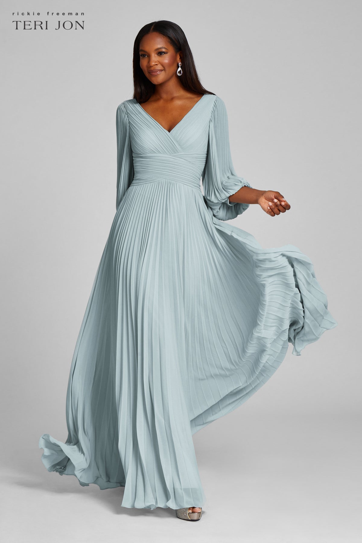 Chiffon Puff Sleeve Pleated V-Neck Gown