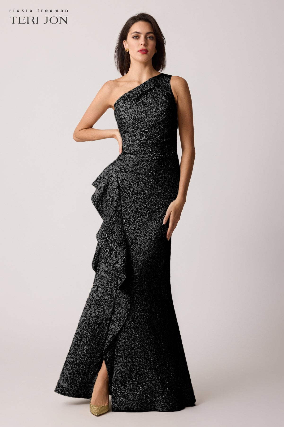 Jacquard One Shoulder Side Ruffle Gown