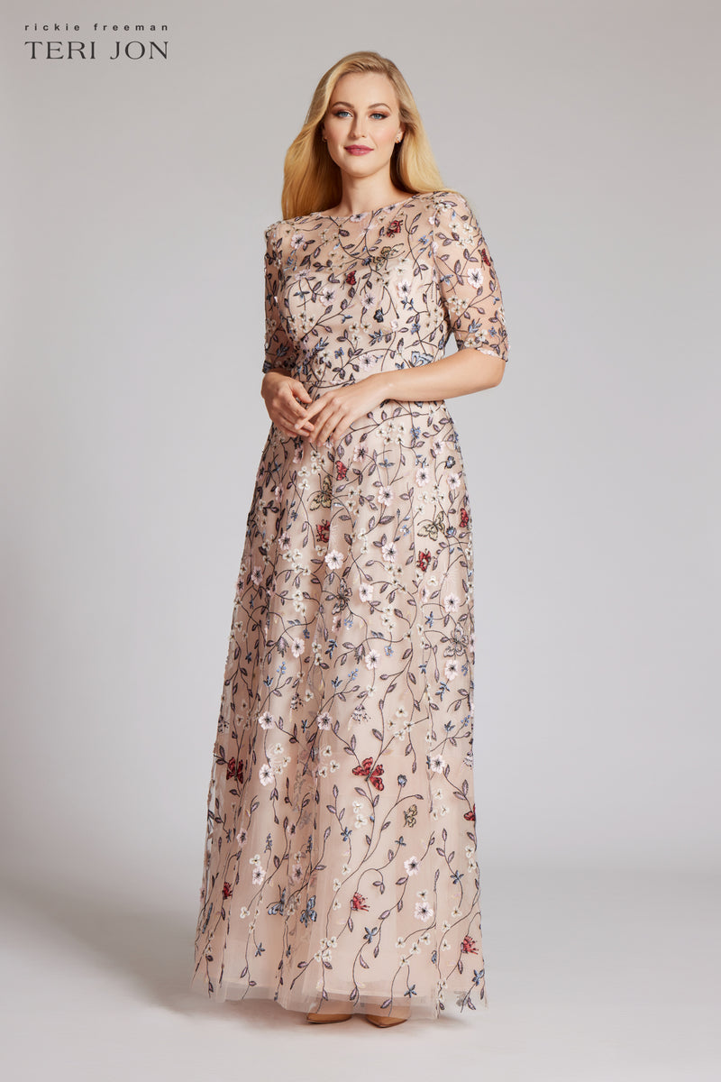 Overlay Gown With 3D Embroidered Florals – Terijon.com