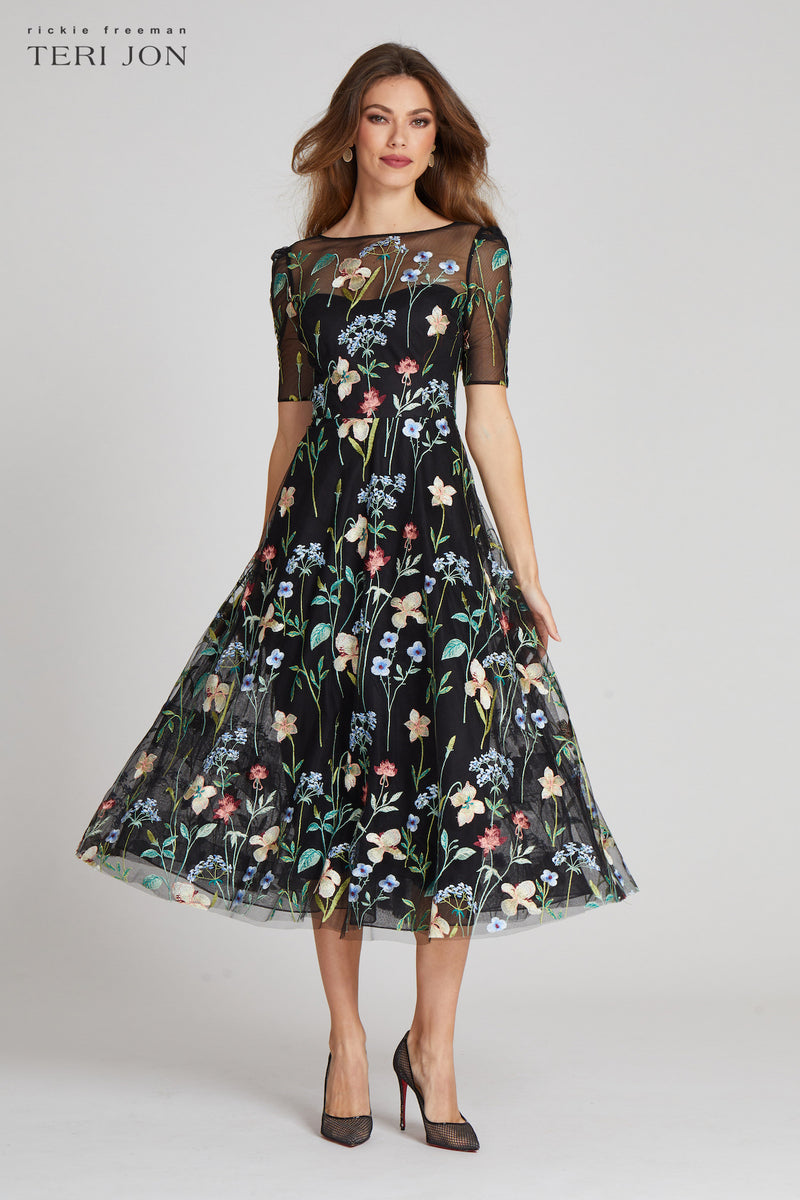 Embroidered Tulle Dress With Floral Print – Terijon.com