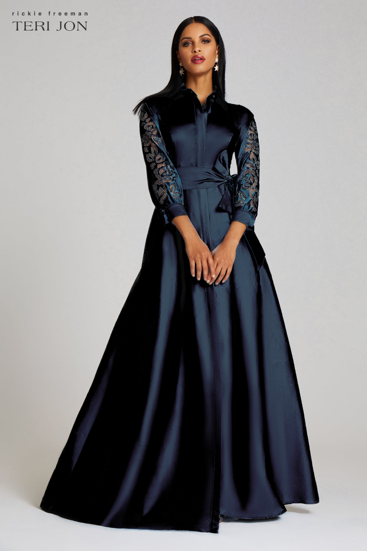 Taffeta Shirtdress Gown With Eyelet Sleeve and Collar
