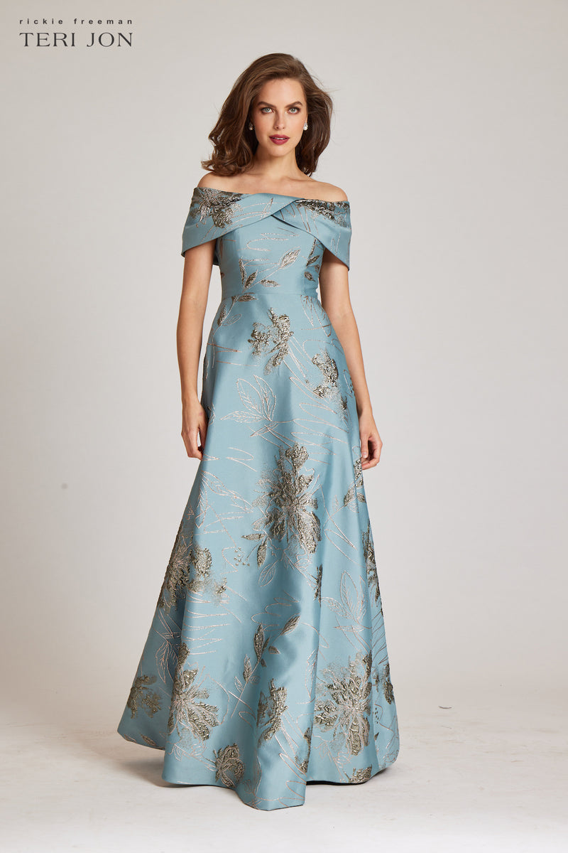 Off Shoulder Metallic Jacquard A Line Skirt Gown – Terijon.com