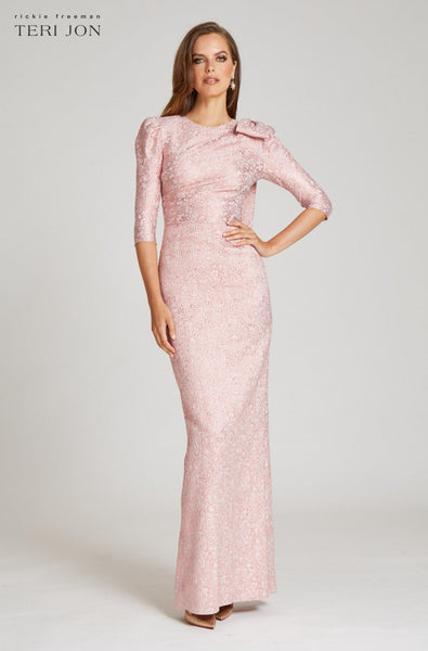 Metallic Jacquard 3/4 Sleeve Bow Shoulder Gown – Terijon.com