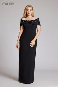 Crepe Off The Shoulder Jewel Trim Portrait Column Gown