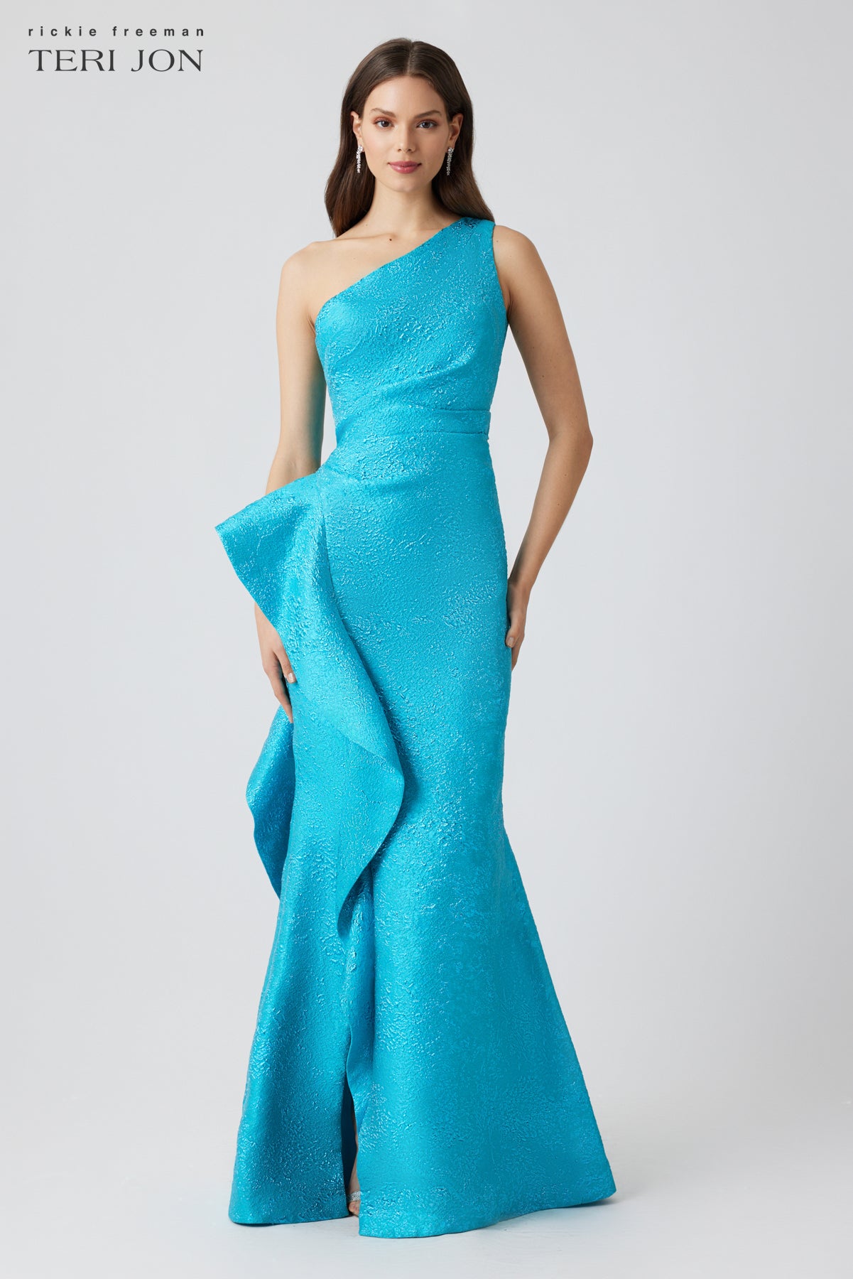 Jacquard Side Ruffle One Shoulder Gown