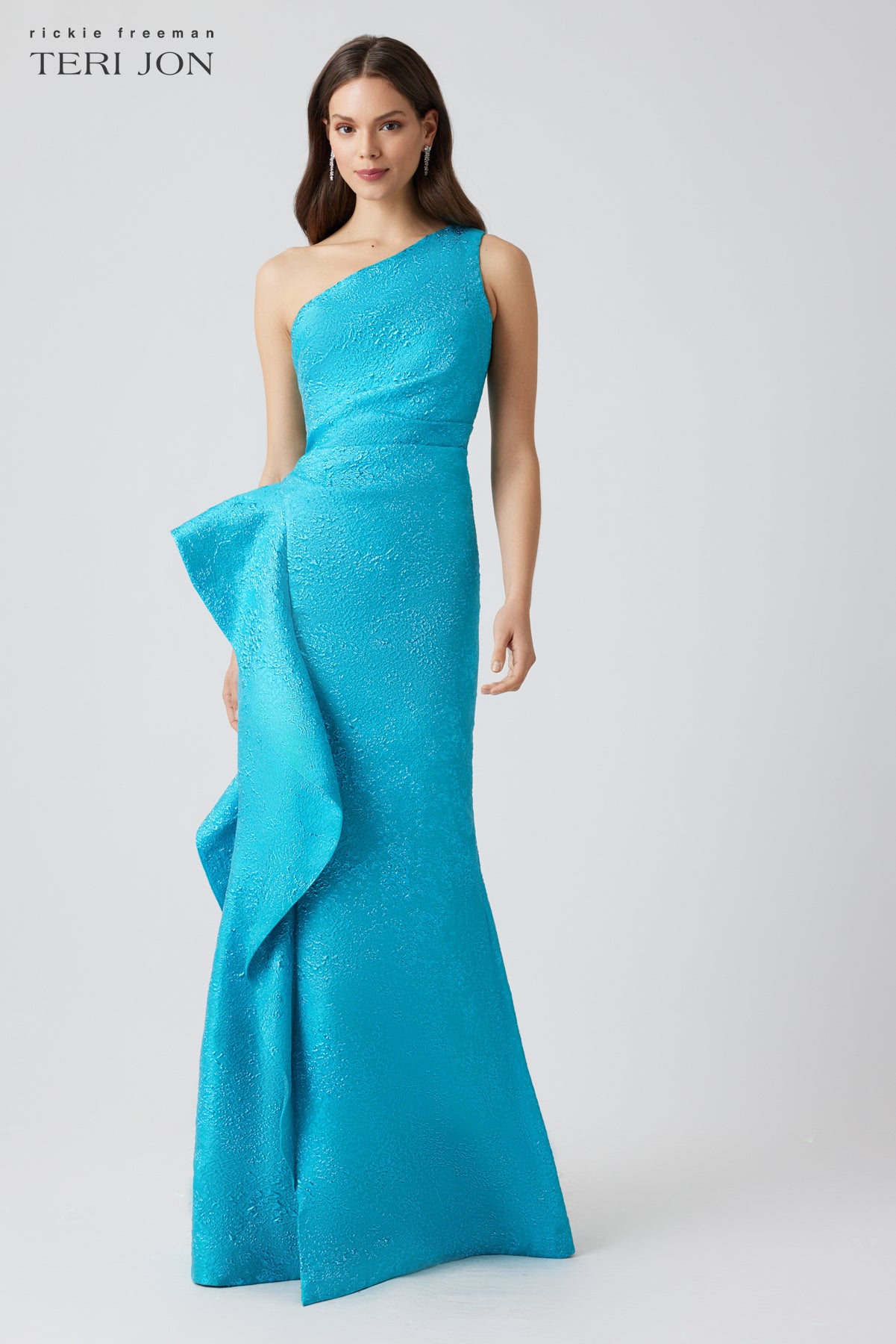 Jacquard Side Ruffle One Shoulder Gown