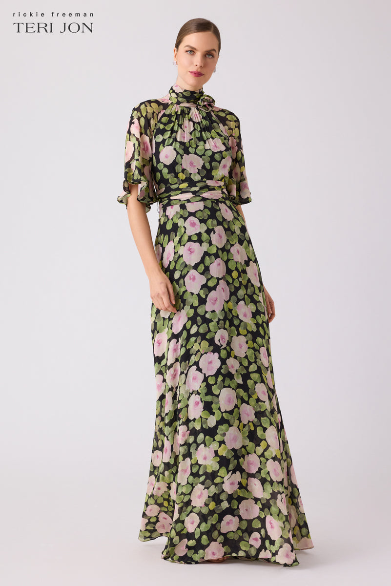 Chiffon Floral Flutter Sleeve Mock Neck With – Terijon.com