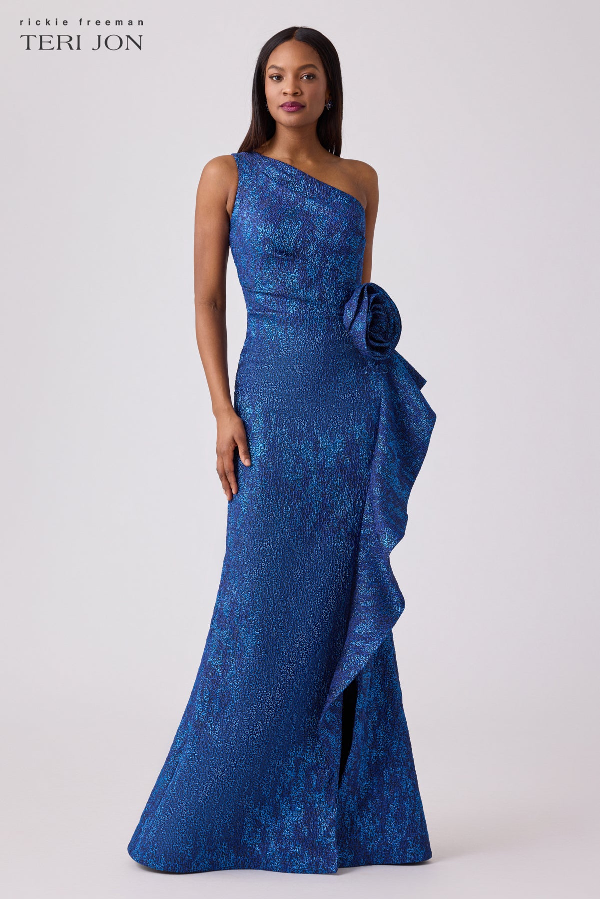 Jacquard Side Ruffle Gown with 3D Drape