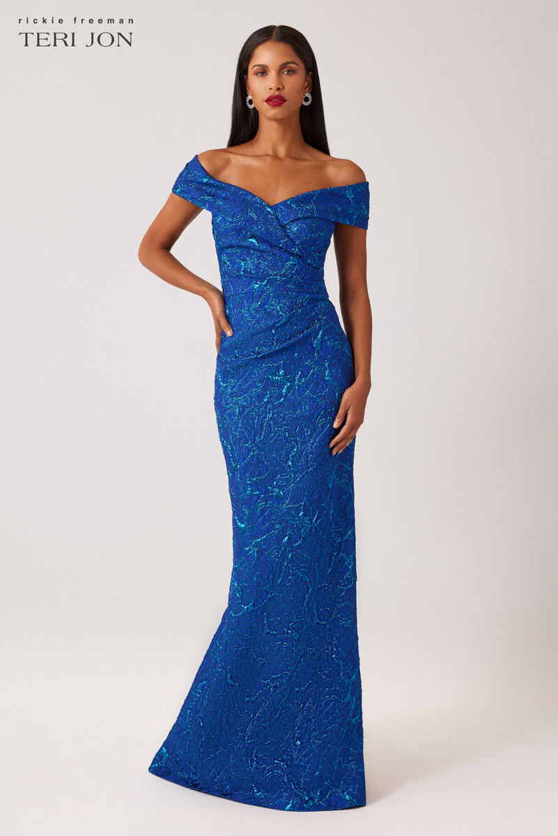 Metallic Jacquard Portrait Side Drape Gown In Royal Blue – Terijon.com