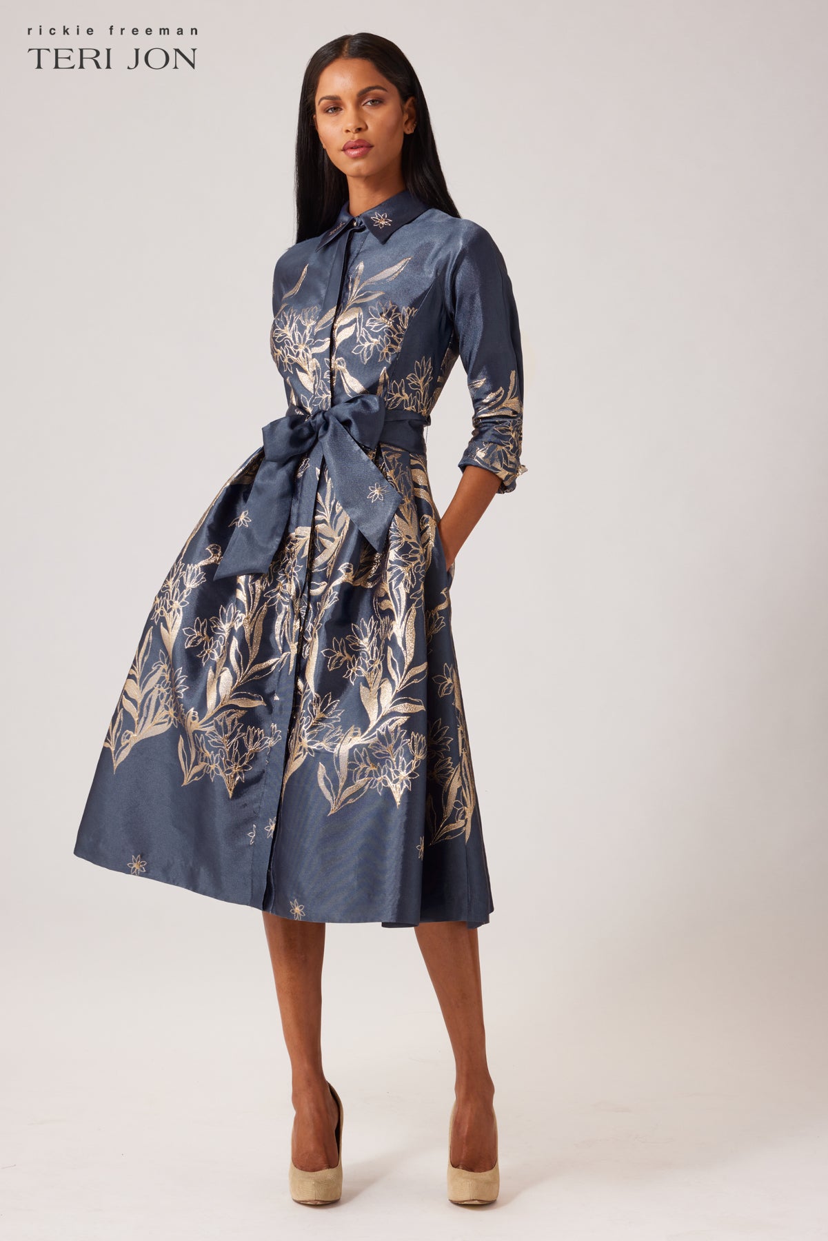 Metallic Jacquard Cocktail Shirt Dress Terijon