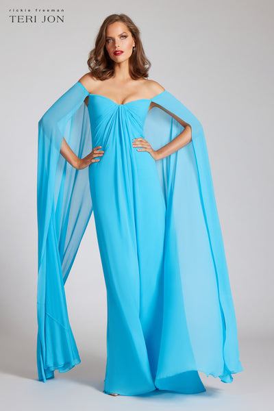 Chiffon Off Shoulder Fly Away Sleeve Draped Gown –