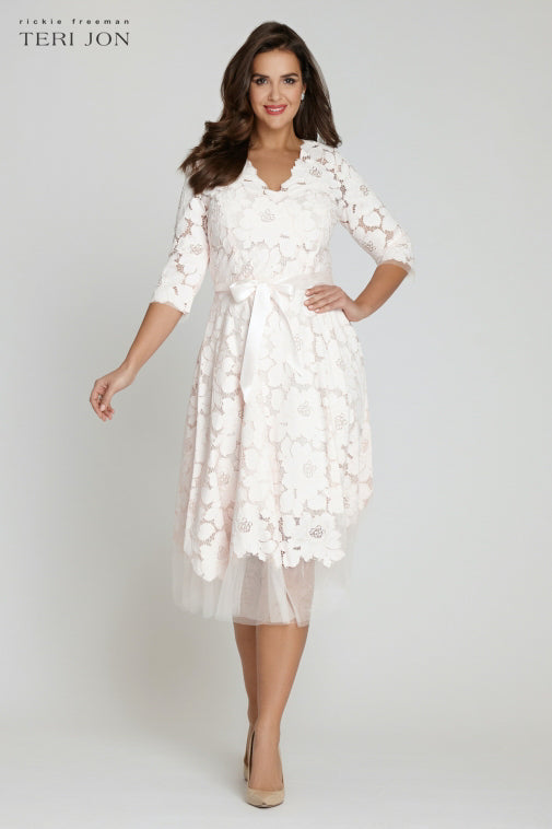 3/4 Sleeve Lace and Tulle Fit and Flare Dress